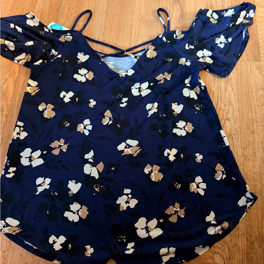 Kaileigh Navy Floral Cold-Shoulder Blouse with Crisscross Straps
